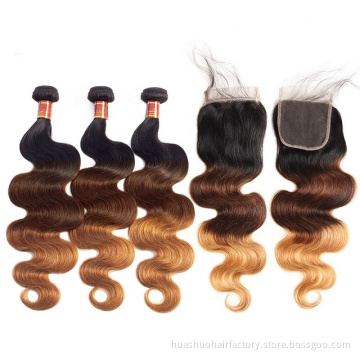 Unprocessed Human Body Wave T1b/4/27 3 Tone Ombre Color Brazilian Virgin Hair With Closure